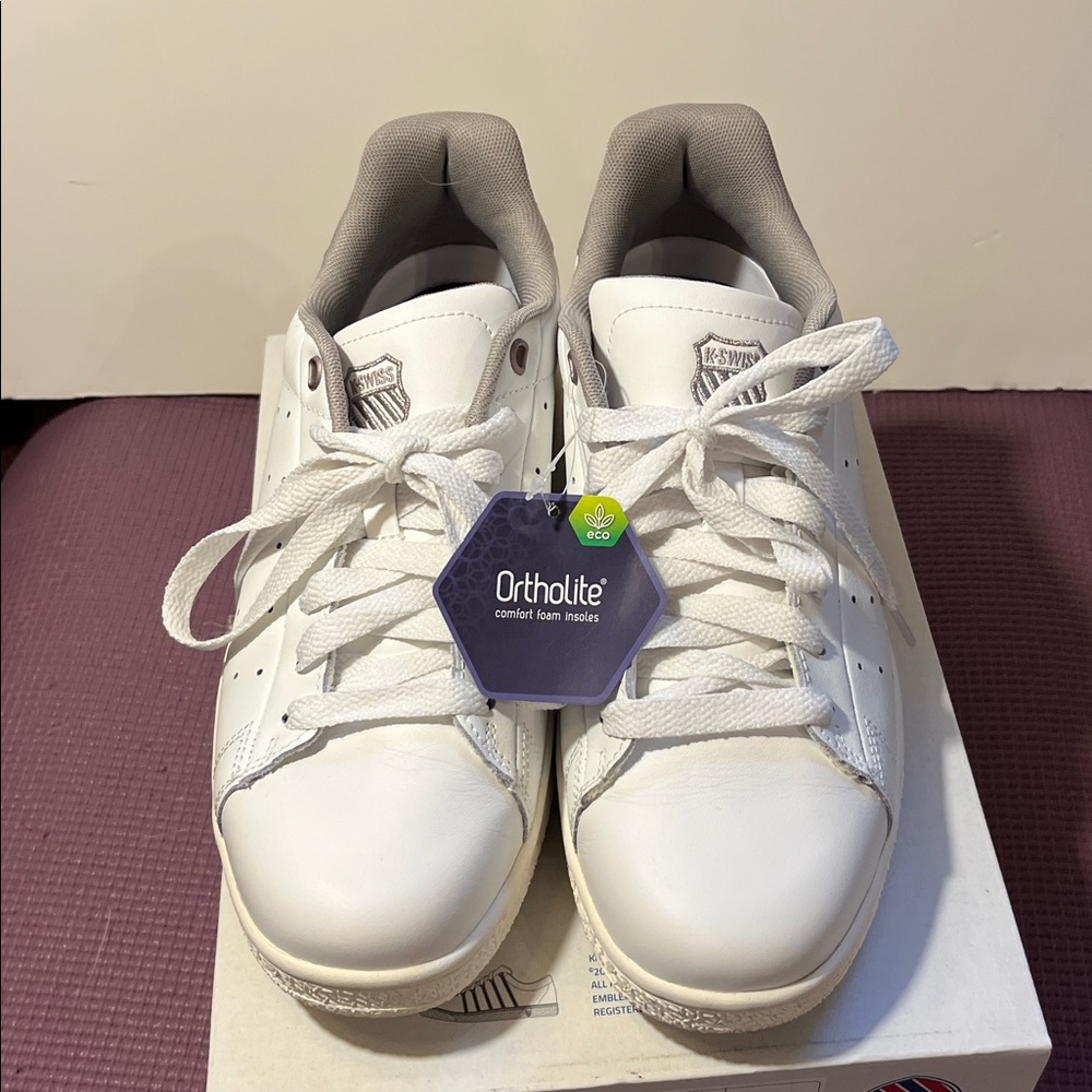 K-Swiss Classic White and Gray/silver ortholite Sneakers -new. Never worn 9.5